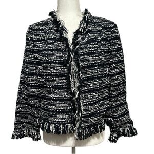 Carlisle tweed fringe jacket wool cotton blend blackl white